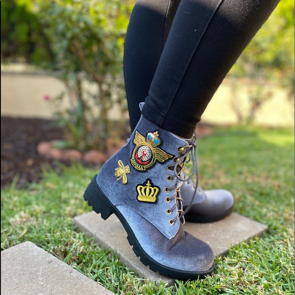 Grey Velvet Patch Lace Up Combat Boots